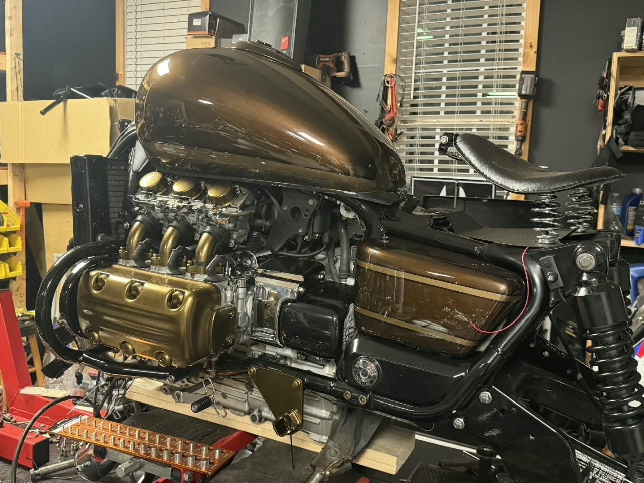 Bronze-and-gold paintwork on the finished motorcycle