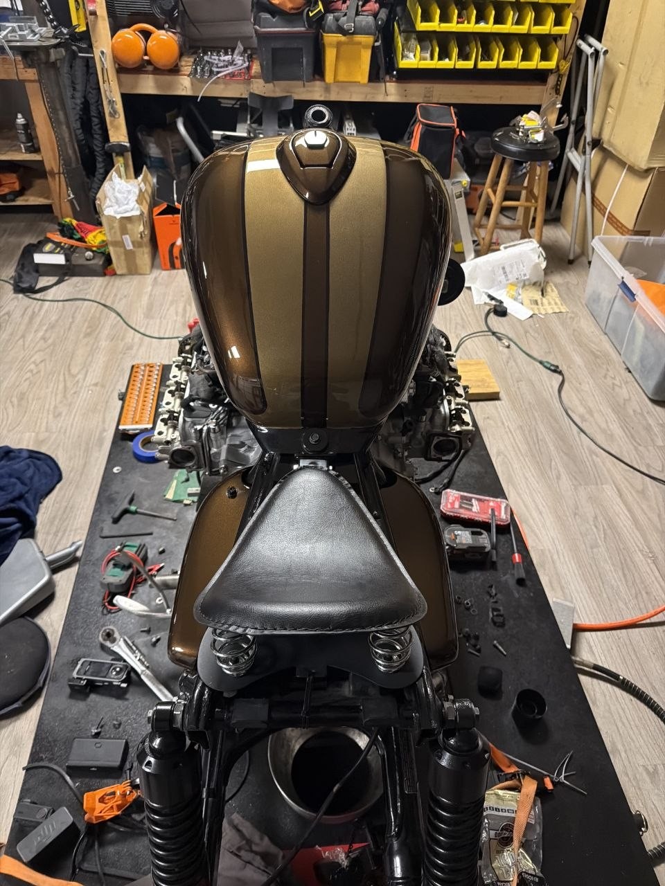 Gold tank stripes on the finished motorcycle