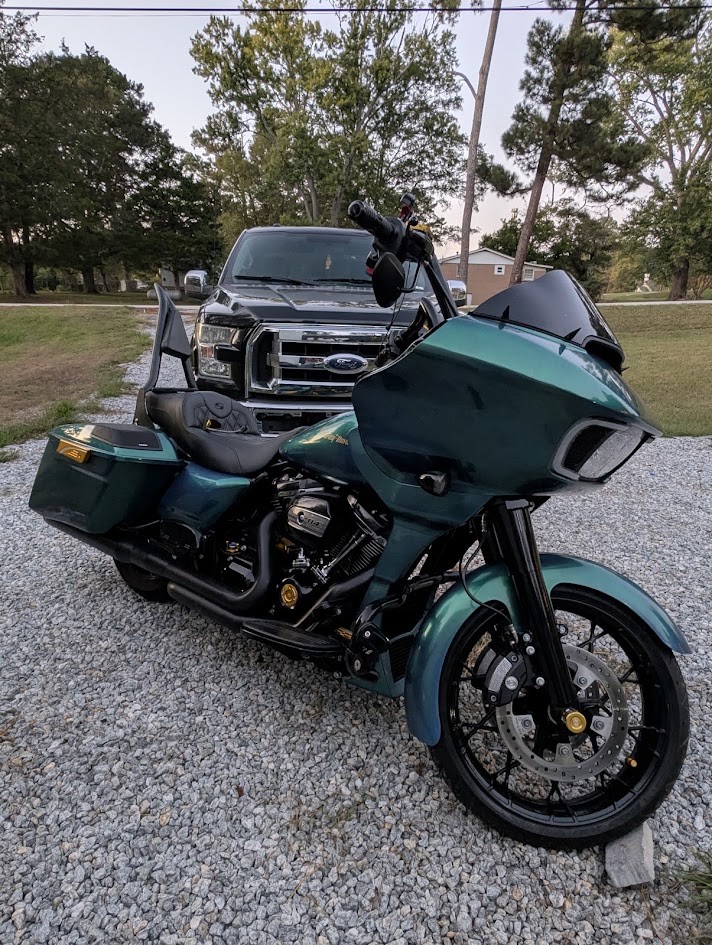 Finished candy color-shift Harley outdoors