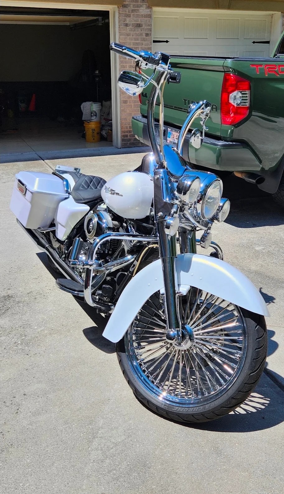 Finished white Harley outdoors