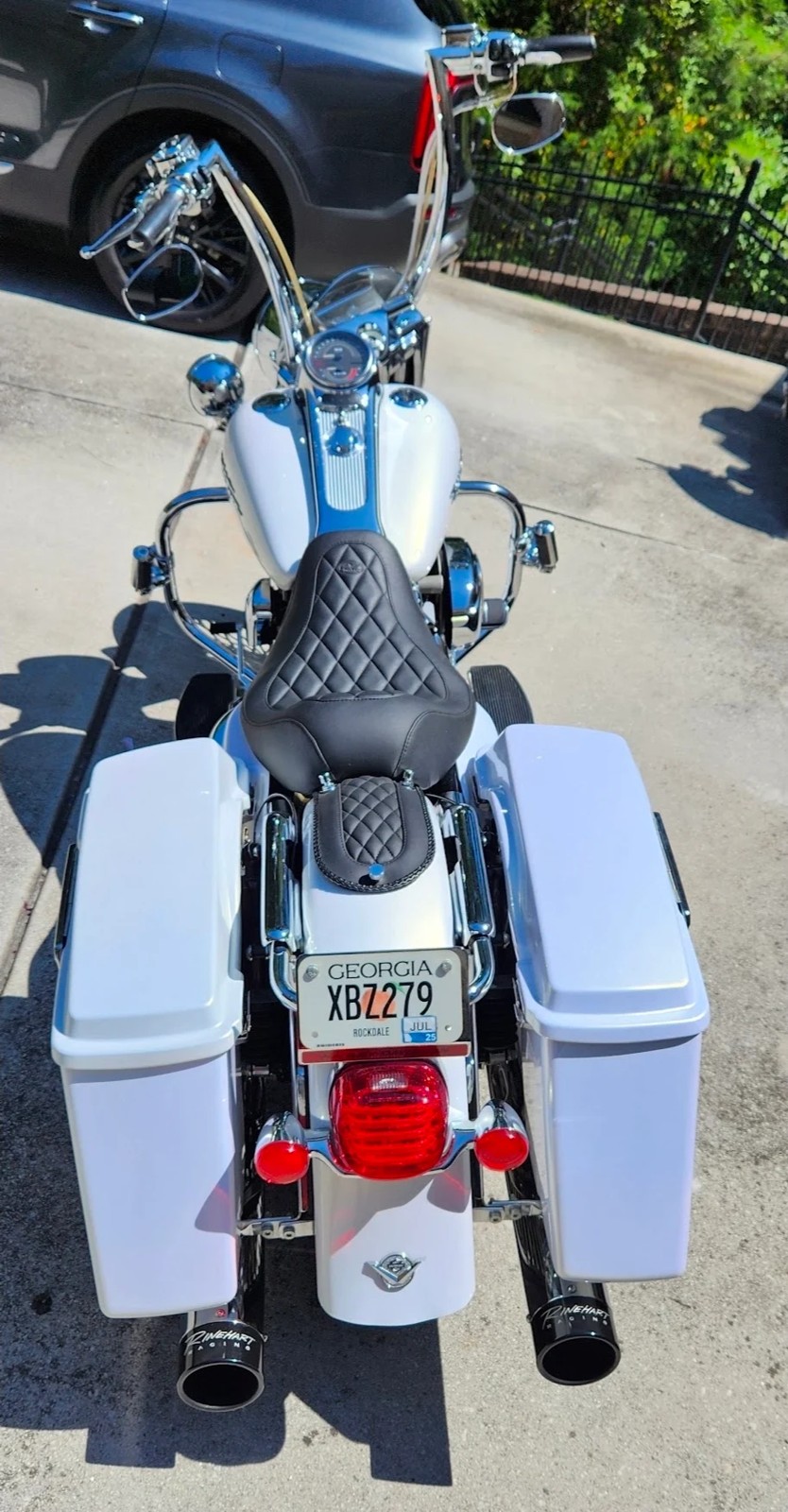 Rear view of the white Harley